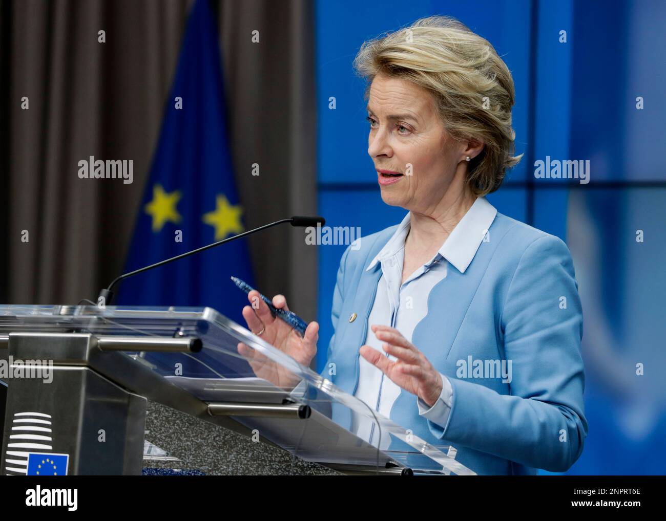 European Commission President Ursula von der Leyen speaks during a ...