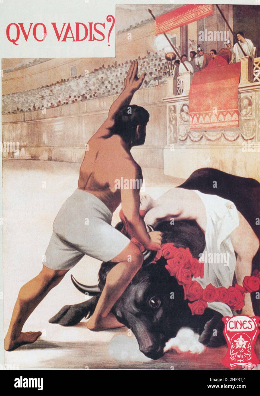 1912 :Original poster advertising for the italian silent movie QUO VADIS ?  by  ENRICO GUAZZONI , with Amleto Novelli , from a novel by Henryk Sienkiewicz - CINEMA MUTO ITALIANO - FILM - MOVIE  - HORROR - orrore  - triller - MANIFESTO CINEMATOGRAFICO - saluto fascista - gladiatore - gladiator - Nerone - CINES    ----  Archivio GBB Stock Photo