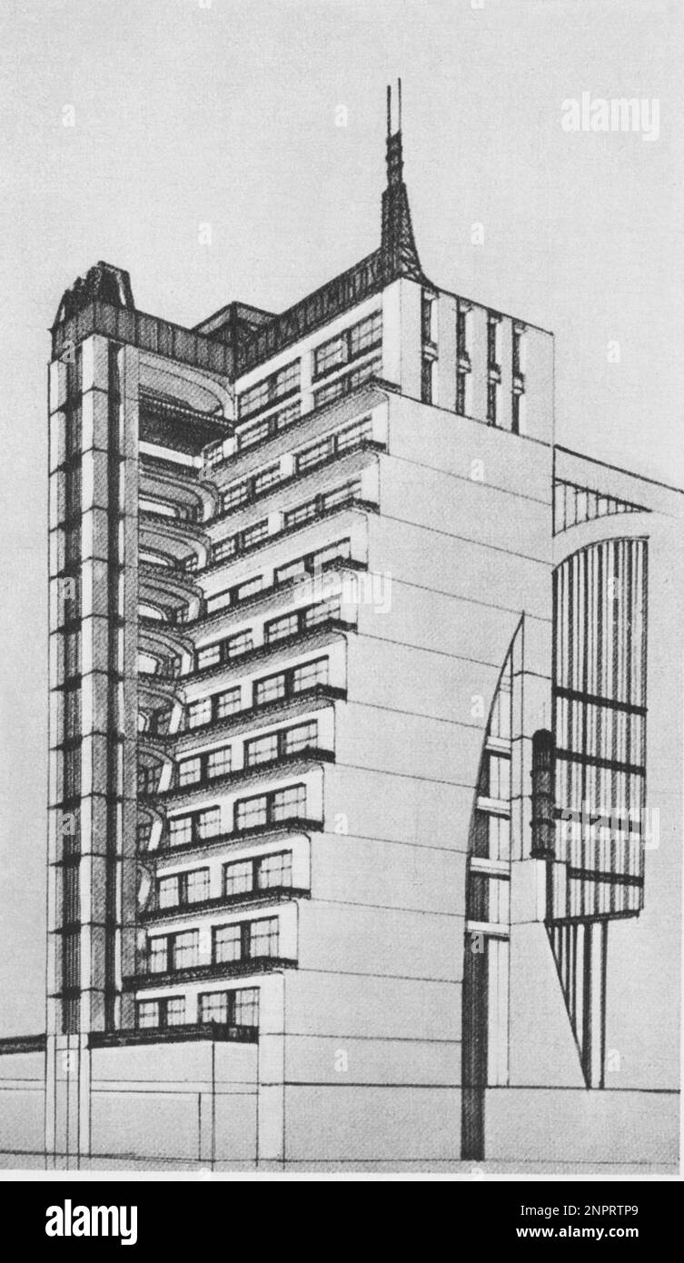 1915 ca.  : A project PROGETTO PER UNA CASA A GRADINATA CON ASCENSORI ESTERNI  by the celebrated italian Futurist architect ANTONIO SANT'ELIA ( Como 1888 - Monfalcone , Gorizia 1916 )  - ARCHITETTURA - ARCHITECTURE - ARCHITETTO - abitazione - casa - house - AVANTGUARDIA - AVANTGARDE - ITALIA - FUTURISMO - FUTURISM - FUTURISTA - costruttivismo - movimento moderno - Sant' Elia - Santelia  ----  Archivio GBB Stock Photo
