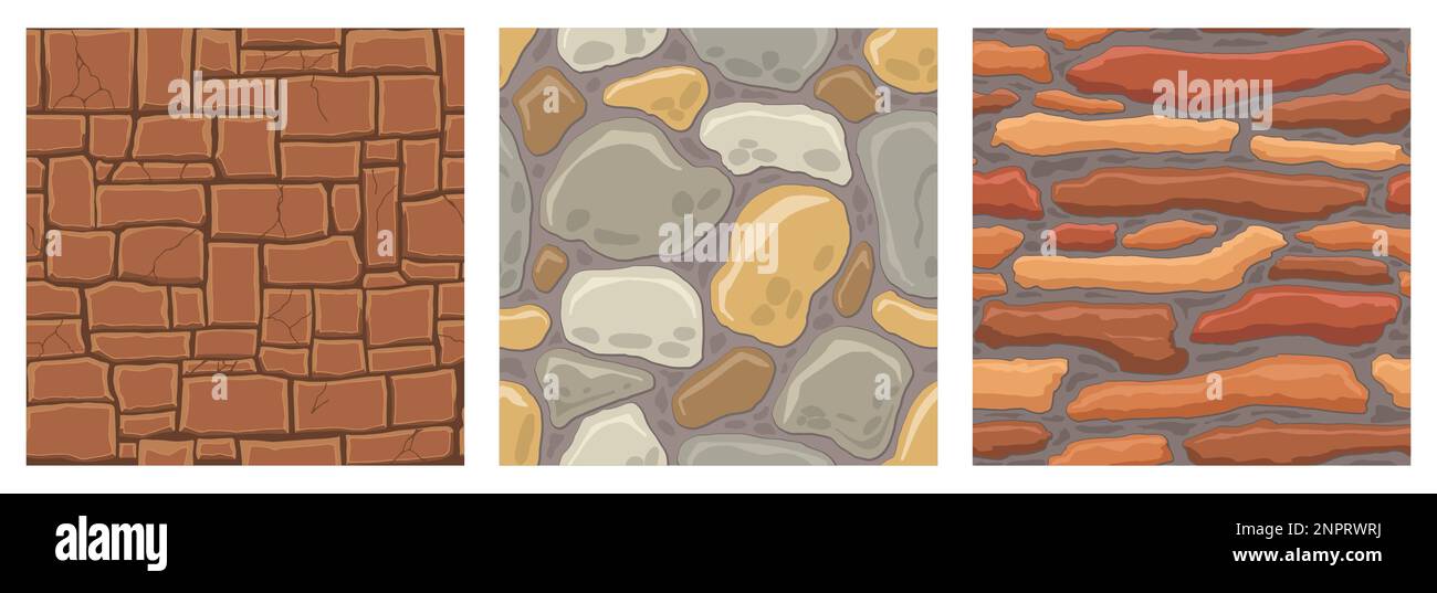 Cartoon game textures, rocks, dirt and ground surface seamless patterns