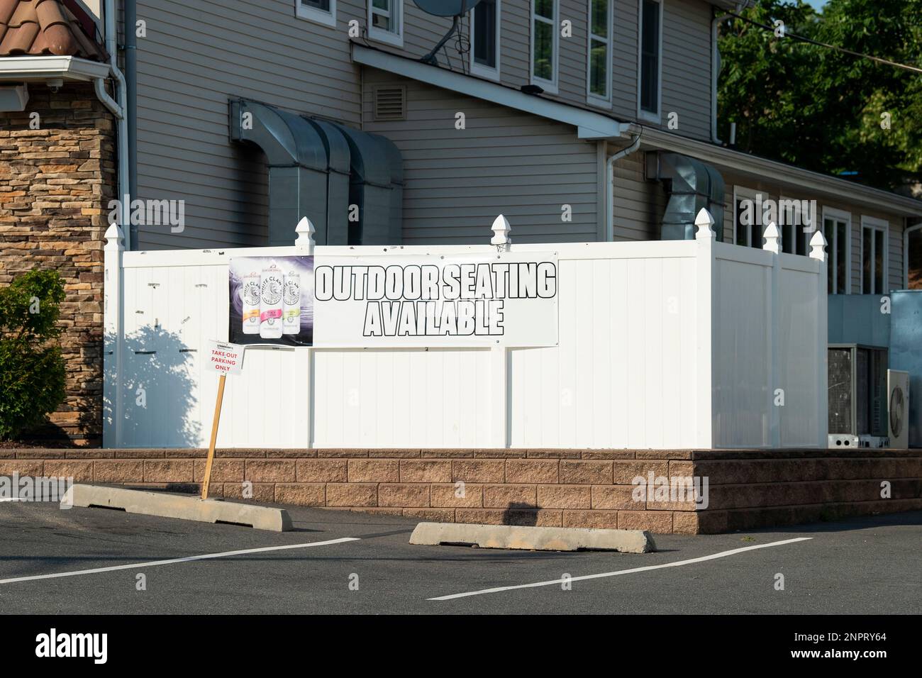 July 19, 2020 A general view of an Outdoor seating sign available at