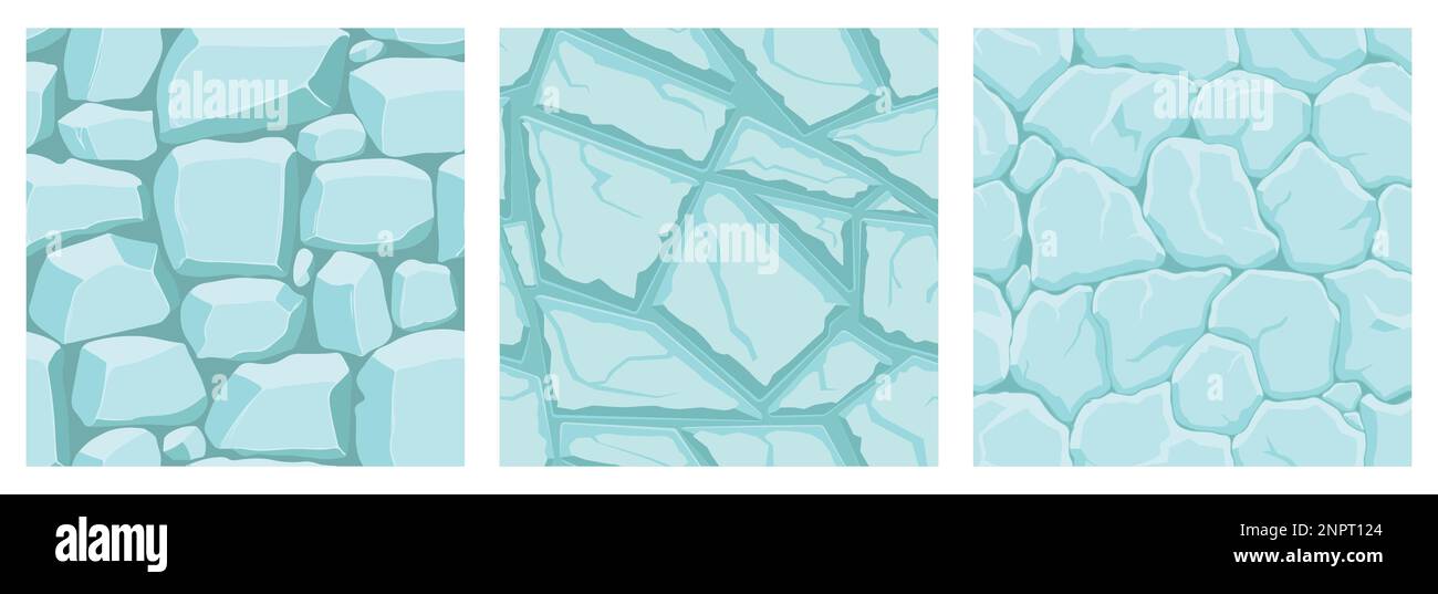 Cartoon game textures, ice surface seamless patterns. Game assets walls