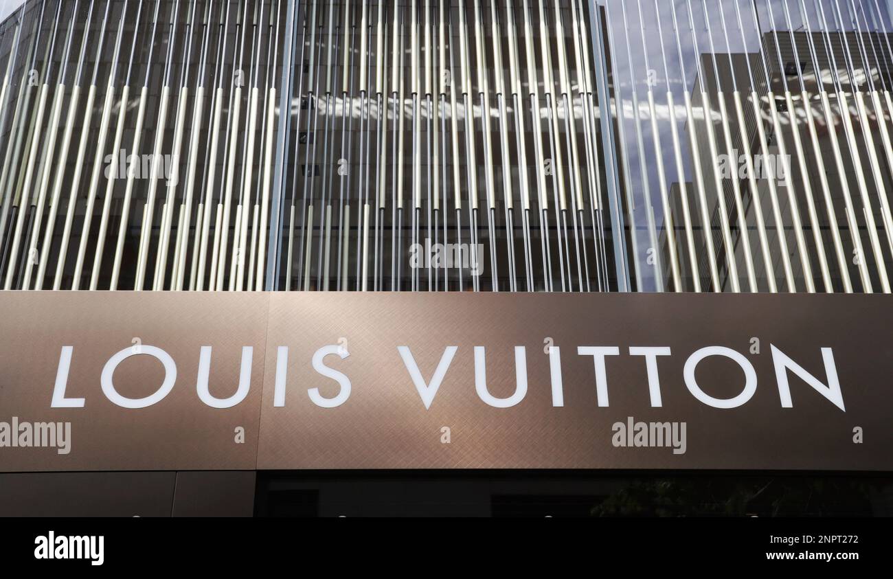 The logo of Louis Vuitton is seen in Shinjuku Ward, Tokyo on May 5, 2020. Louis  Vuitton Malletier (LV) is a French fashion house and luxury retail company  founded in 1854 by