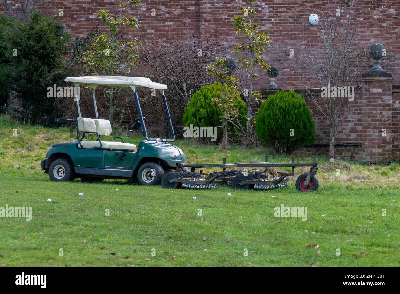 Golf ball picker cart at the driving range with golf balls on the
