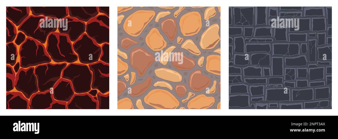 Cartoon game textures, lava, rocks and brick, dirt and ground surface ...