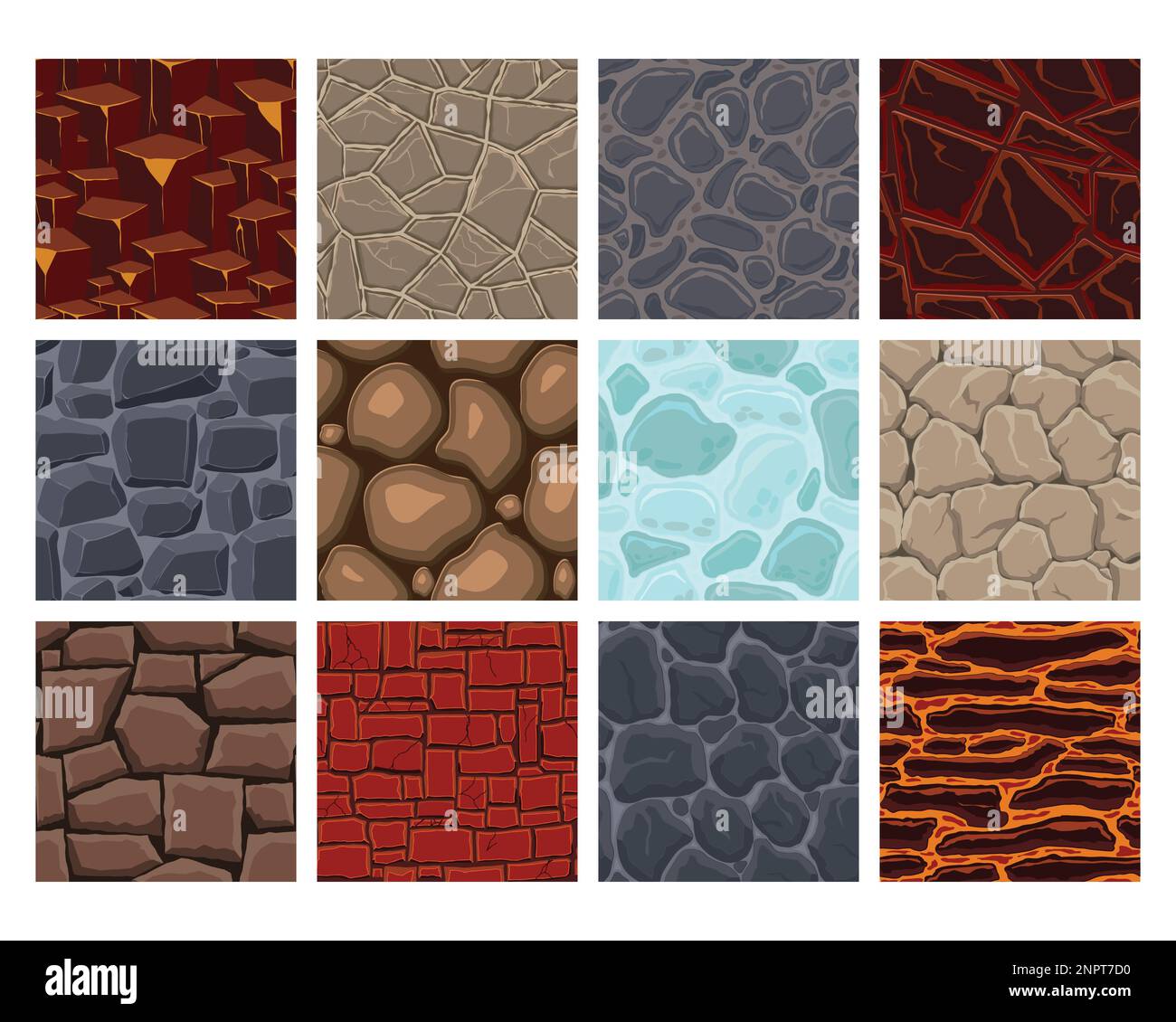 Cartoon game textures, lava, ice, rocks and brick, dirt and ground ...
