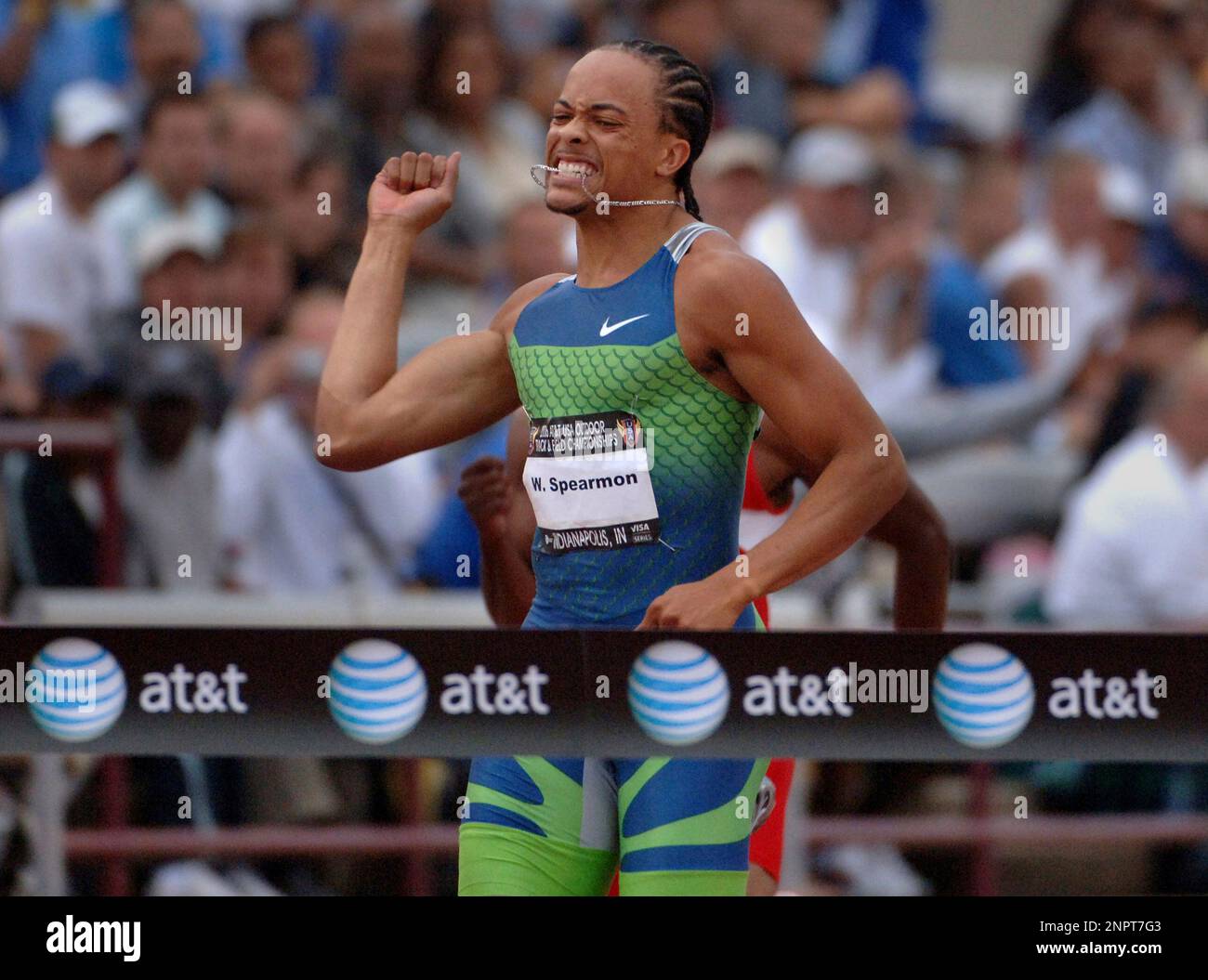 Wallace Spearmon celebrates after winning the 200 meters in 19.90 in