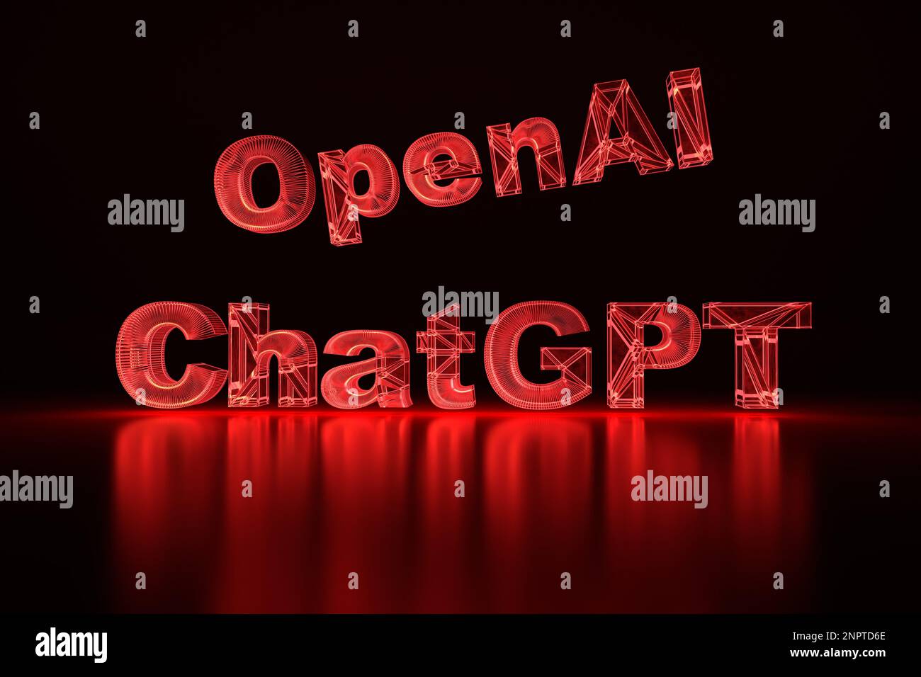 February 20, 2023 - Caen, France: Neon luminous lettering - OpenAI and chatGPT. 3D render. Stock Photo