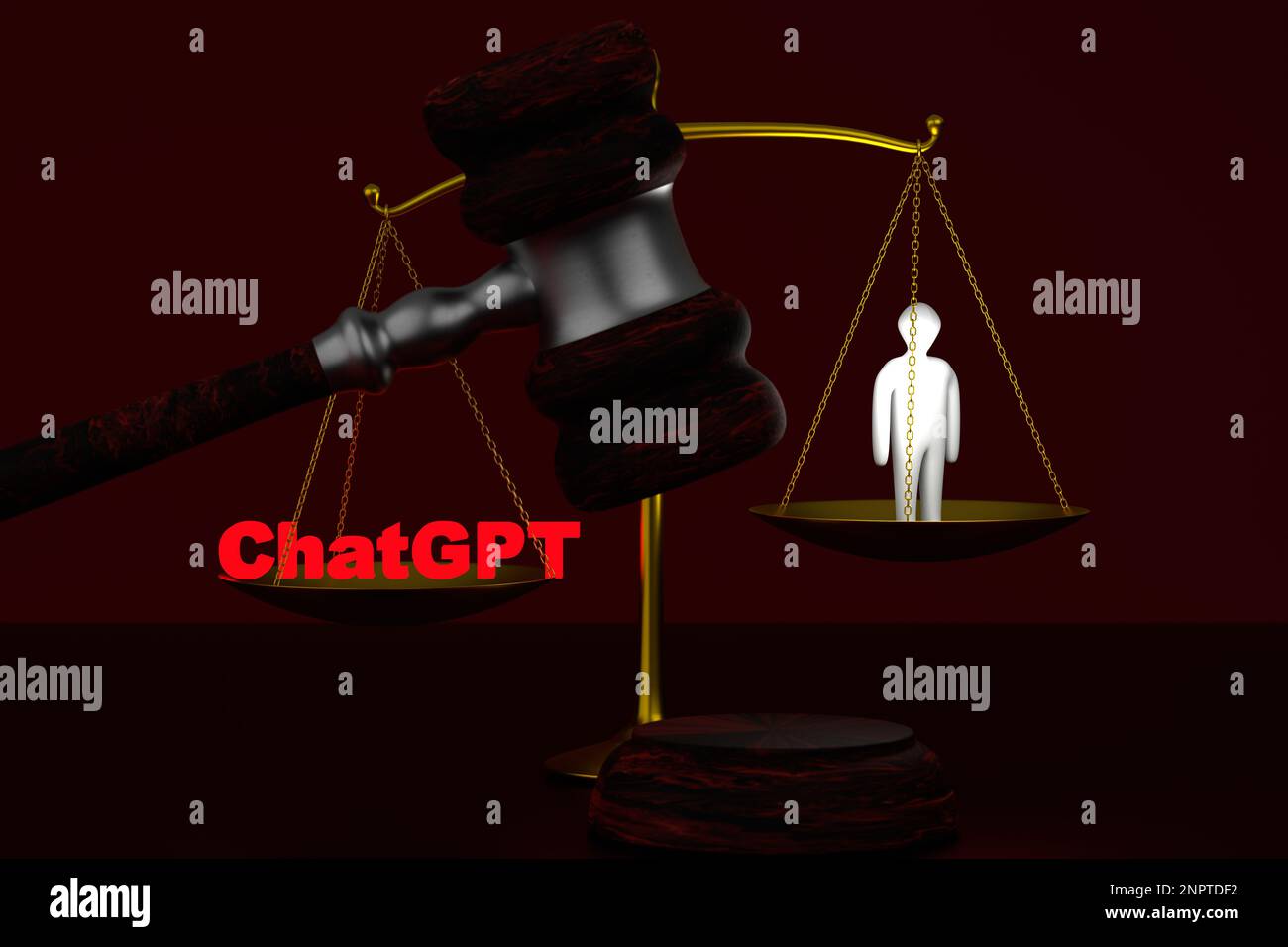 The concept of chatGPT vs human. Scales on which artificial intelligence wins. Scales of Themis on a dark background. Stock Photo