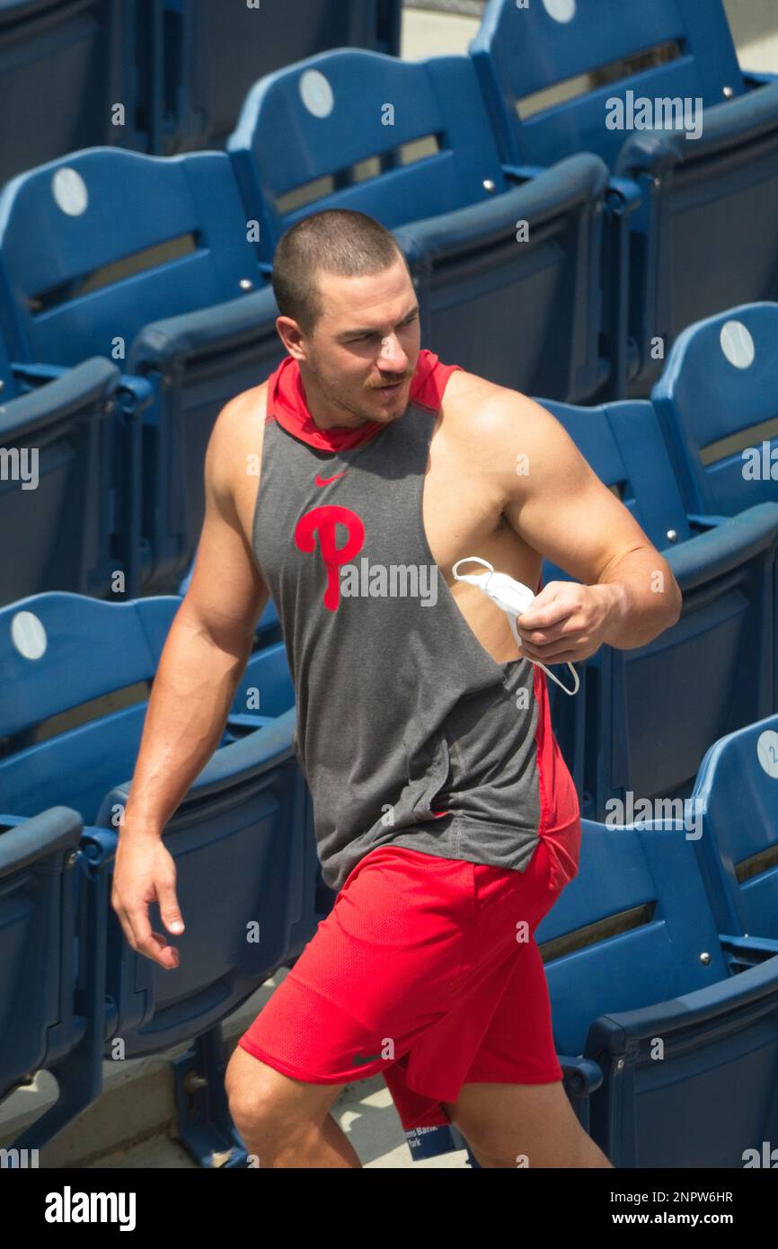 PHILADELPHIA, PA - JULY 08: Philadelphia Phillies catcher J.T. Realmuto  (10) looks on during Phillies Summer Camp at Citizens Bank Park on July 8,  2020 in Philadelphia,PA. (Photo by Andy Lewis/Icon Sportswire) (