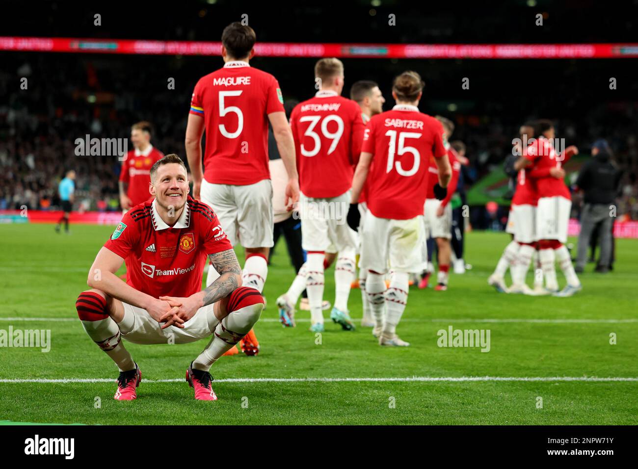 Wembley Stadium, London, UK. 26th Feb, 2023. Carabao League Cup Final Football, Manchester United versus Newcastle United; Wout Weghorst of Manchester Utd celebrates winning the EFL Cup Credit: Action Plus Sports/Alamy Live News Stock Photo