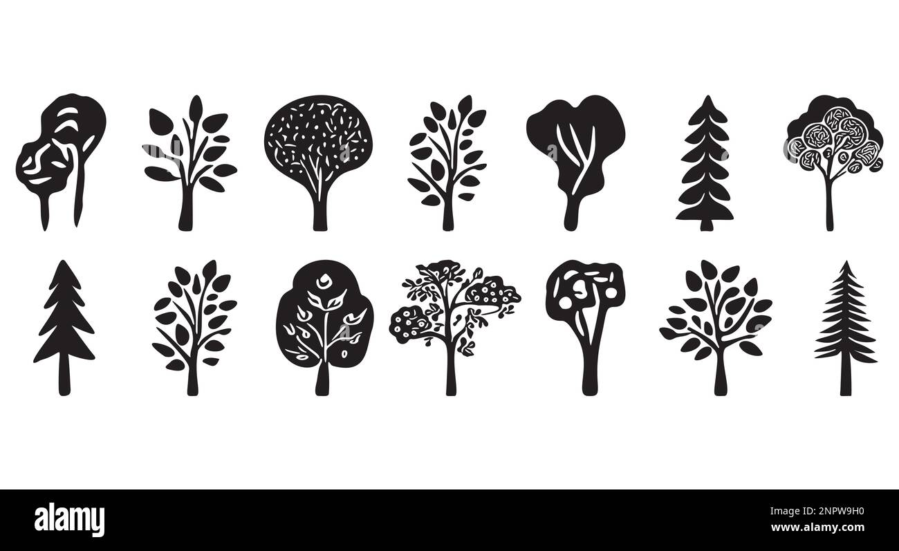 Collection of vector tree motifs for rustic forest illustration. Clip art  of woodland hand drawn quirky art Stock Vector Image & Art - Alamy