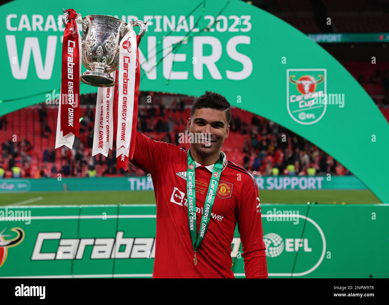 Wembley Stadium, London, UK. 26th Feb, 2023. Carabao League Cup Final Football, Manchester United versus Newcastle United; Casemiro of Manchester United lifts the EFL Cup Trophy Credit: Action Plus Sports/Alamy Live News Stock Photo