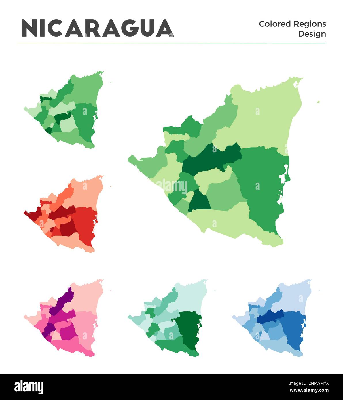 Nicaragua map collection. Borders of Nicaragua for your infographic. Colored country regions. Vector illustration. Stock Vector