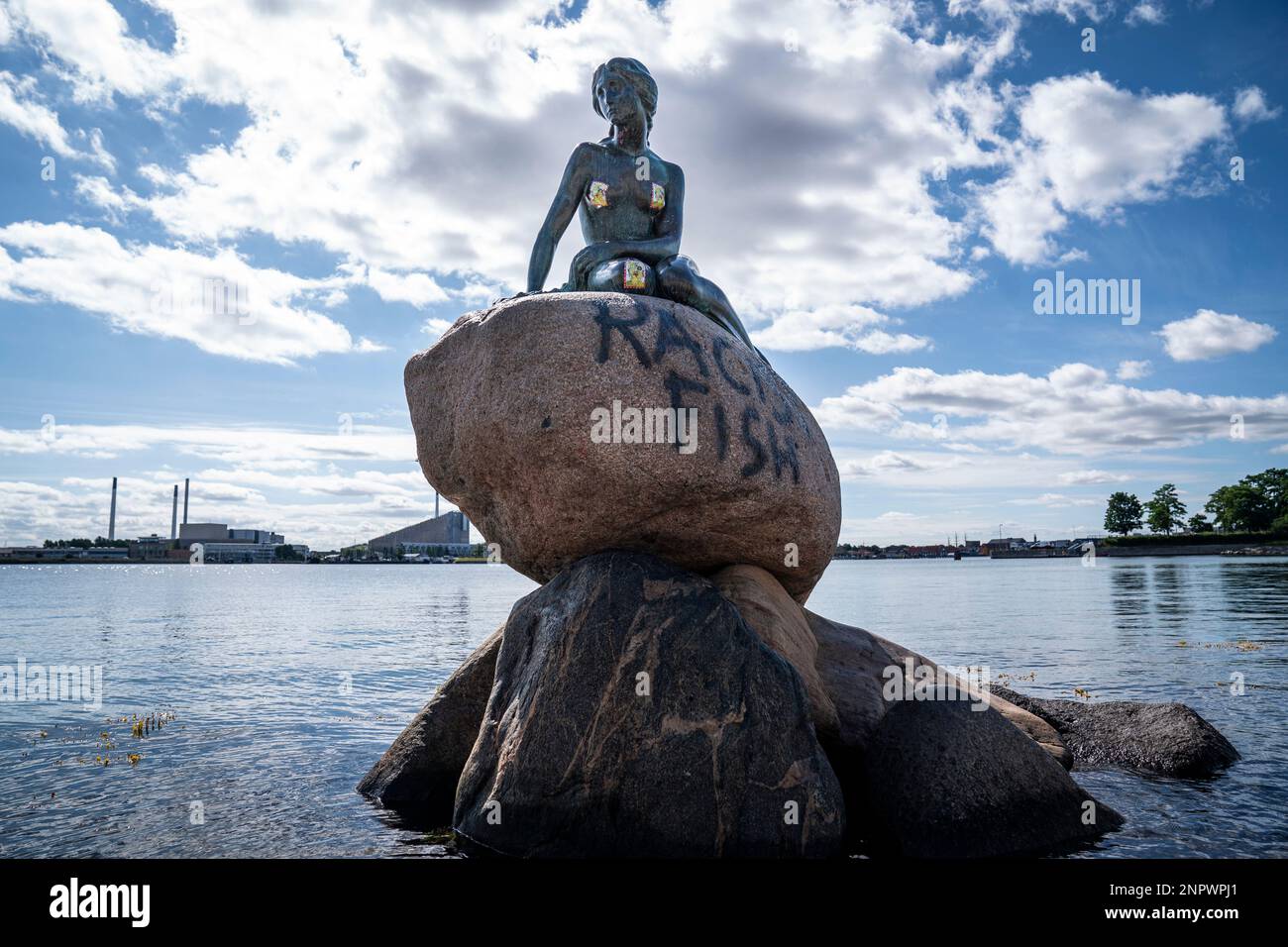A view of the statue of the Little Mermaid, after it was vandalized, in