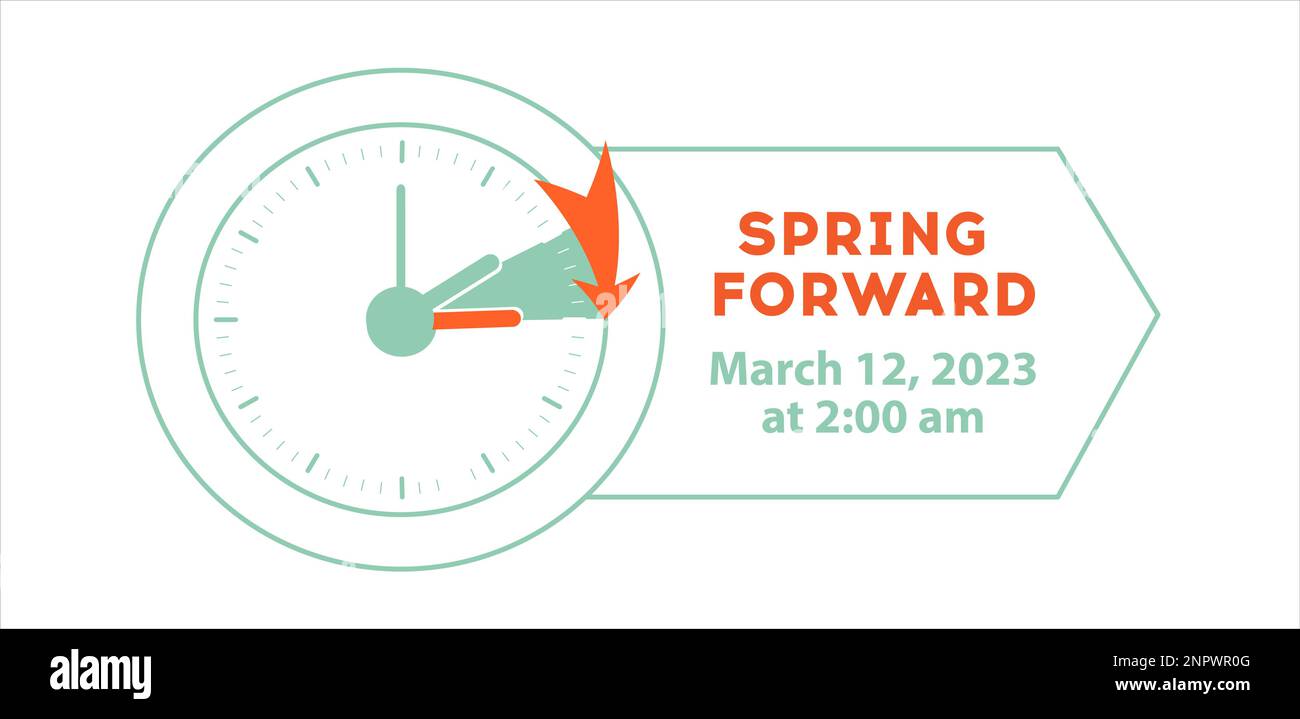 Spring Forward web banner. Daylight Saving Time schedule in graphic style. Clock change one hour