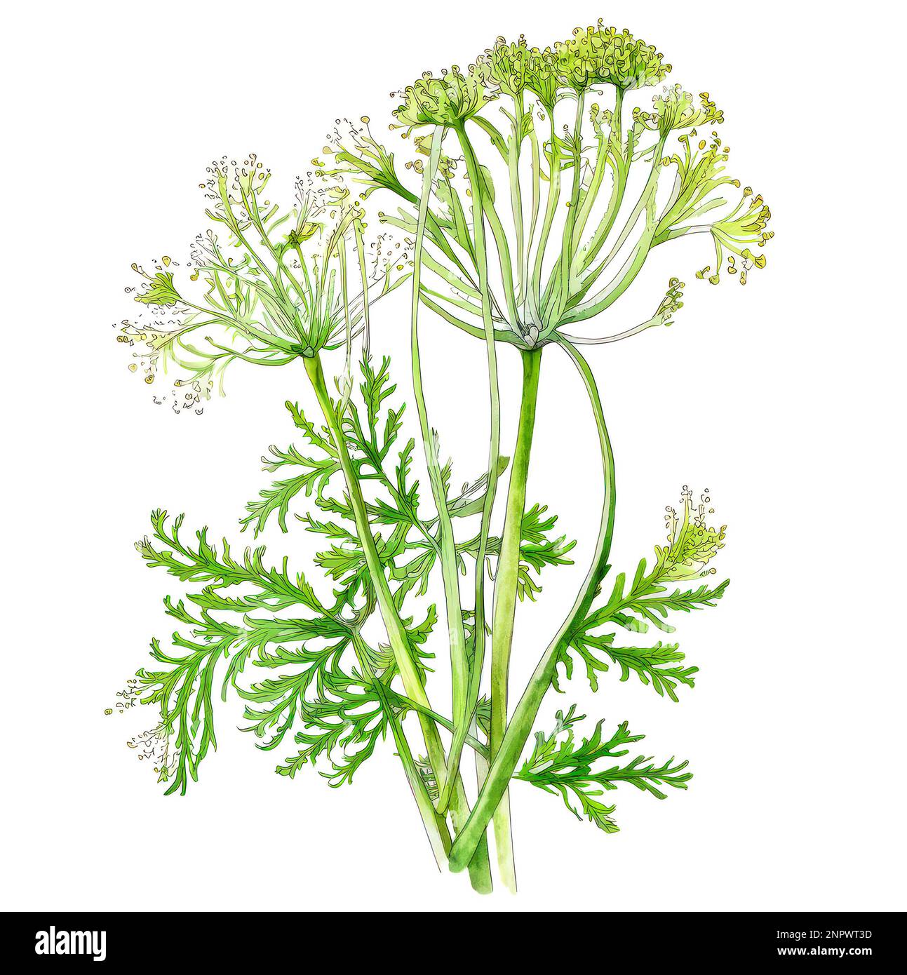 Fennel plant flowers and leaves isolated on white background