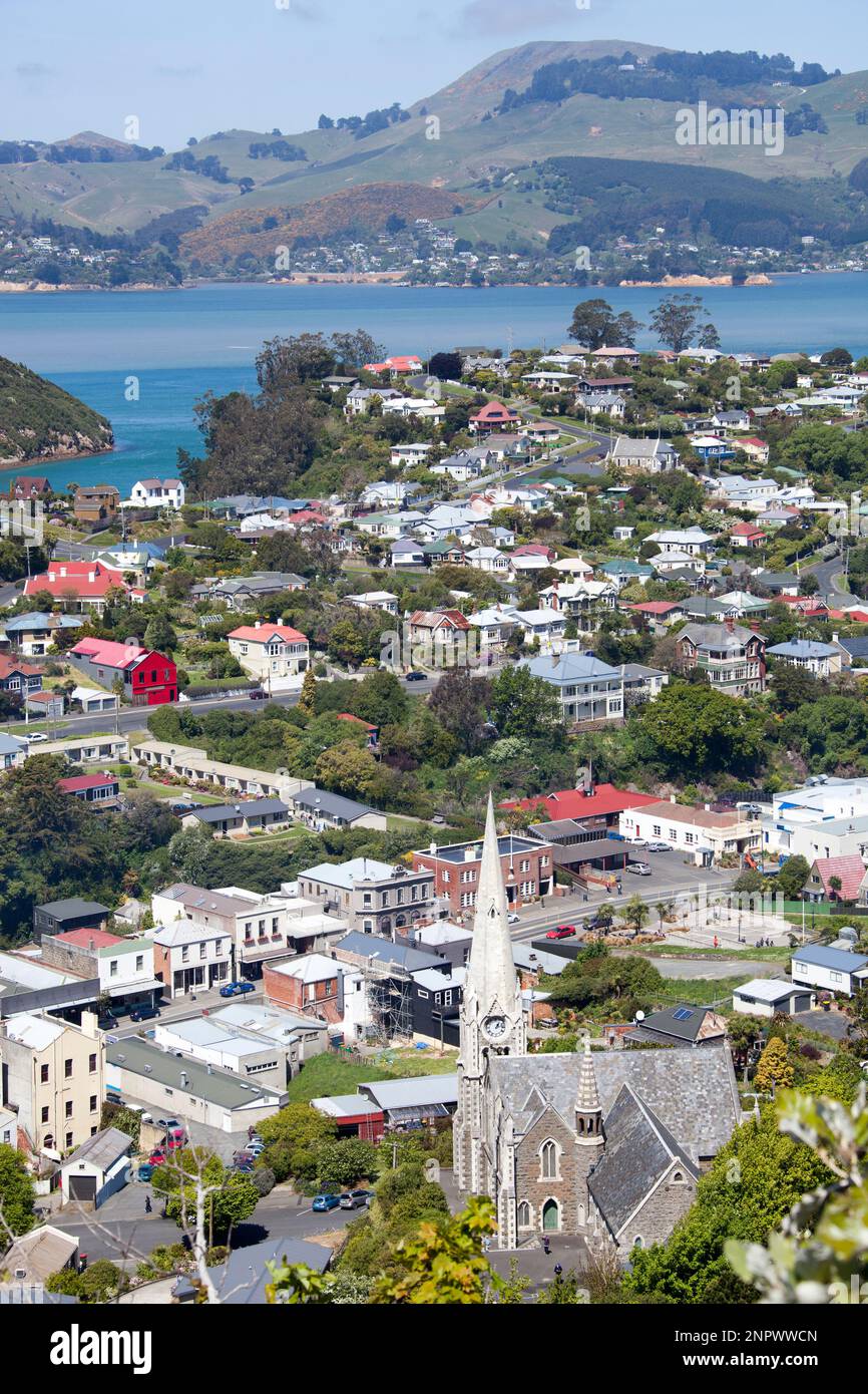 The aerial view of Port Chalmers town church and residential district