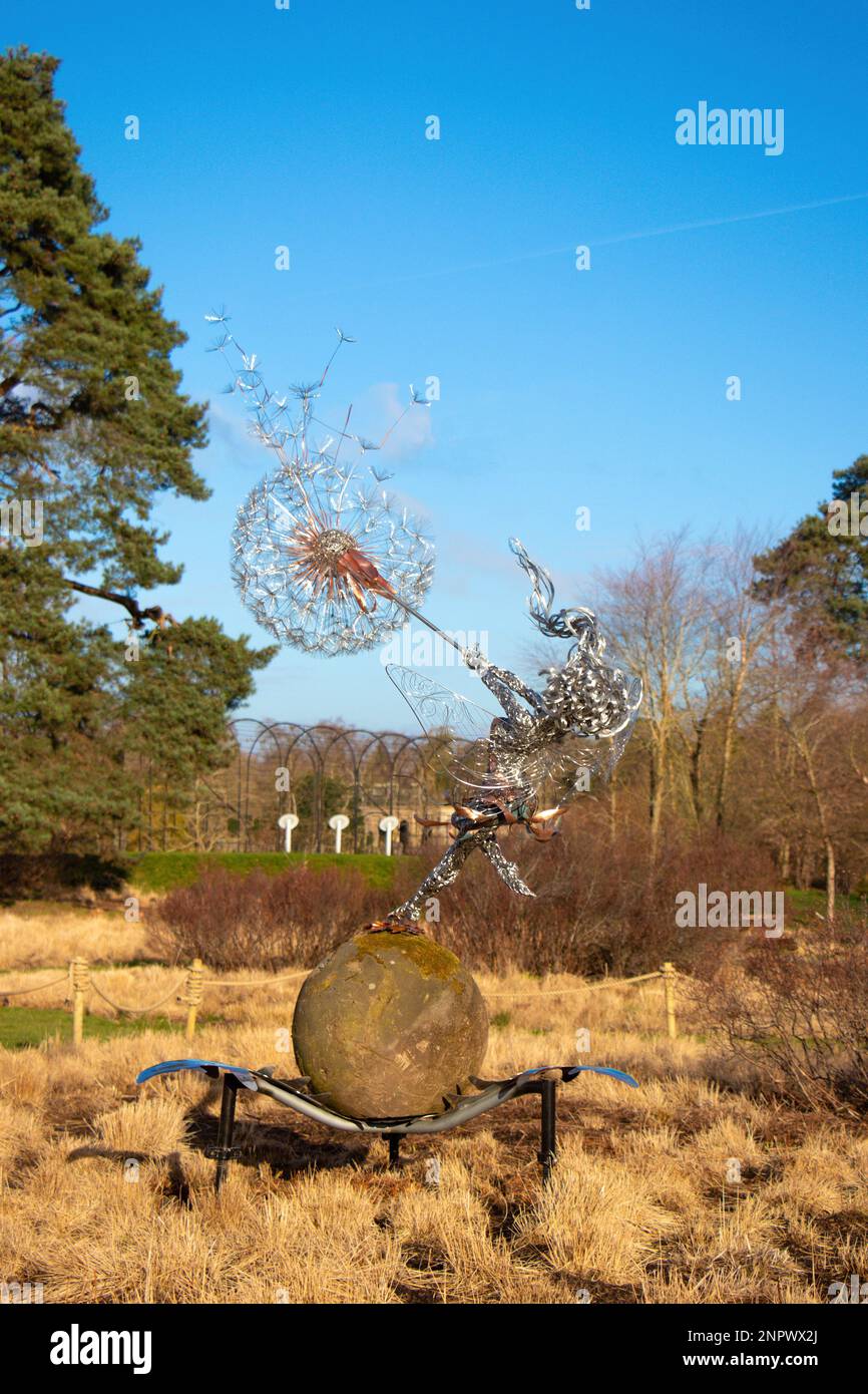 wire sculpture of fairies and dandelion clock in Trentham Gardens