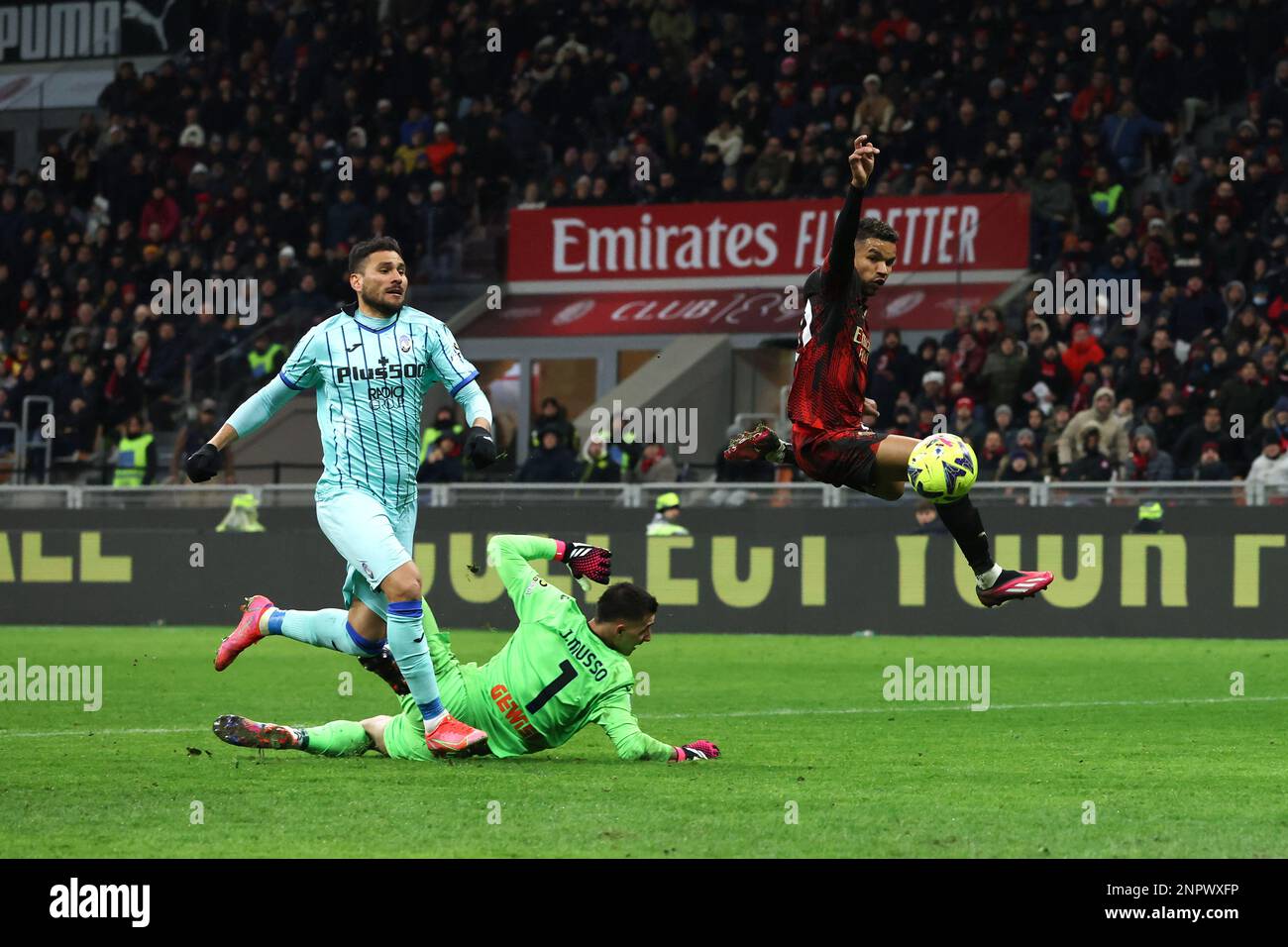 Milan, Italy, 26th February 2023. Junior Messias of AC Milan scores to