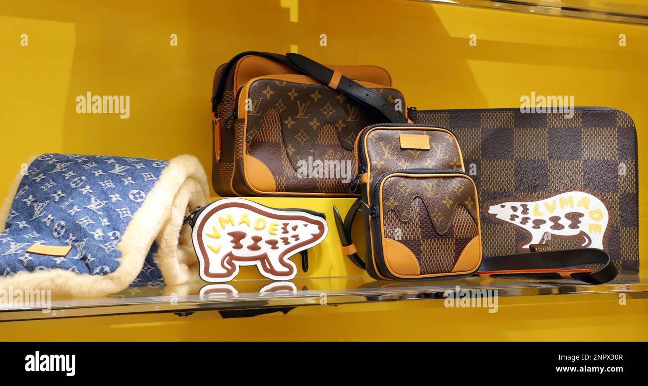 Louis Vuitton's men's bag and belt are displayed during a press preview at  its men's flagship store at Miyashita Park in Shibuya Ward, Tokyo on June  30, 2020, ahead of the opening
