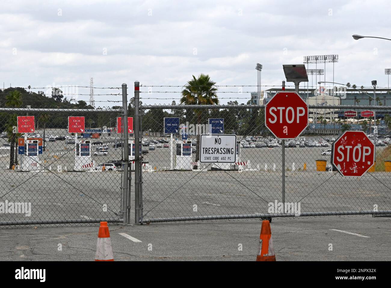 Closed fence gates at the entrance to Dodger Stadium, Monday, June 29