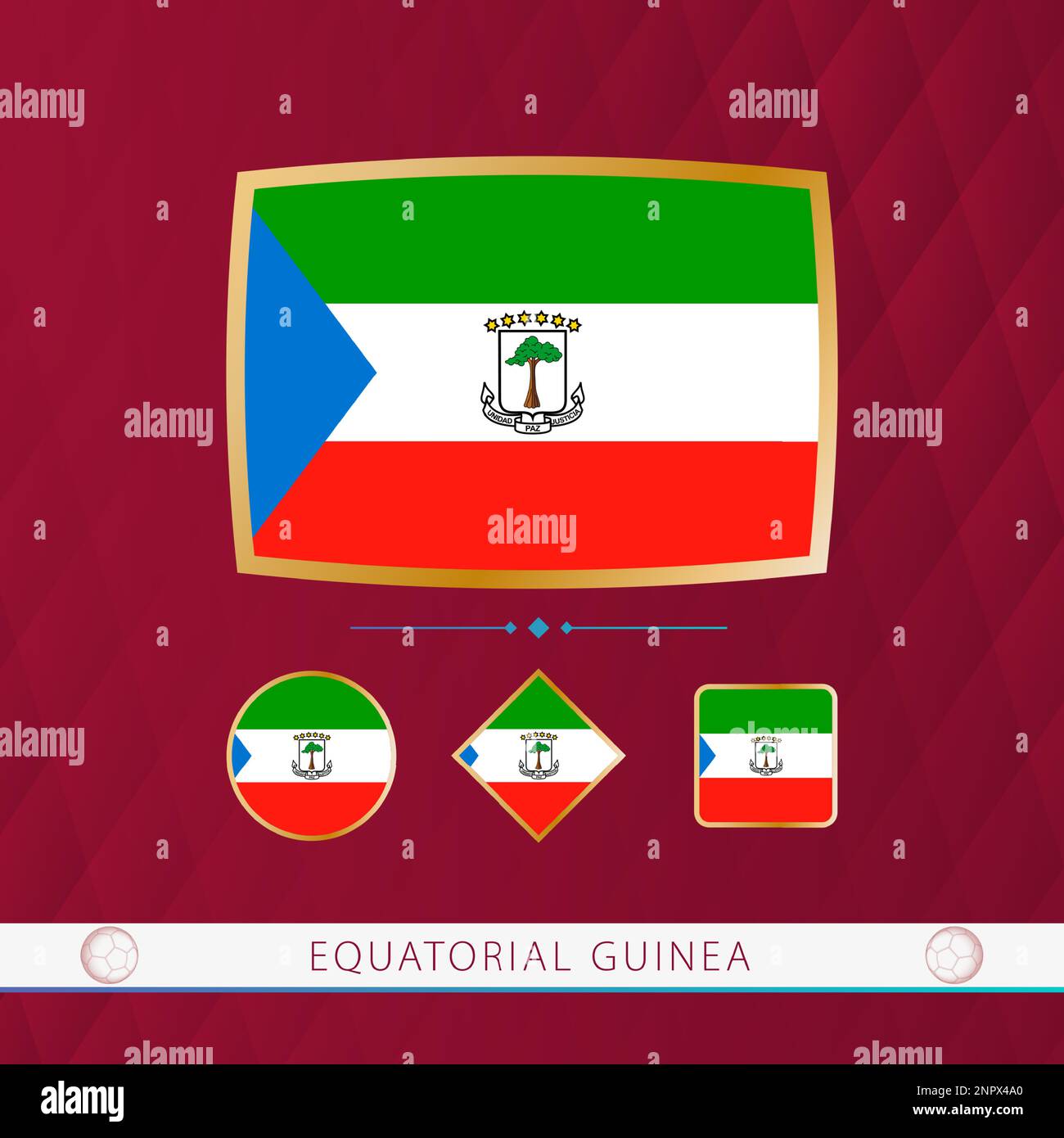 Set of Equatorial Guinea flags with gold frame for use at sporting events on a burgundy abstract background. Vector collection of flags. Stock Vector