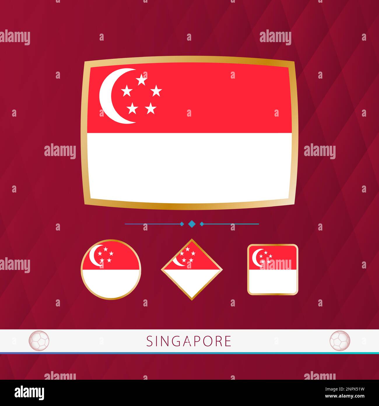 Set of Singapore flags with gold frame for use at sporting events on a