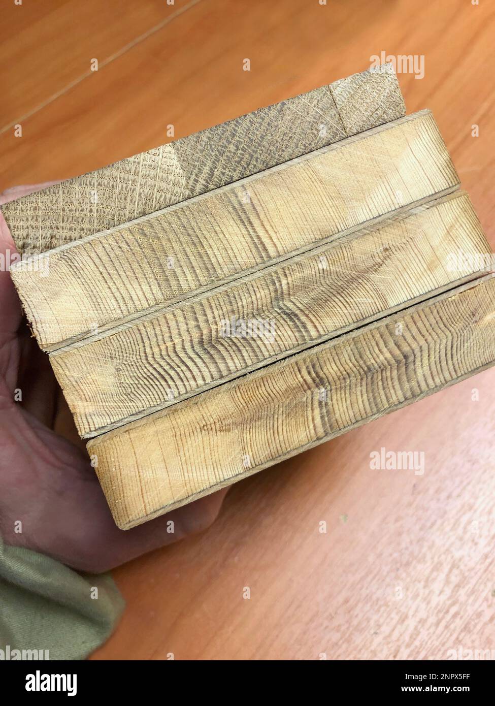 carpenter examines the end cut of a wooden board, the texture of wood Stock Photo