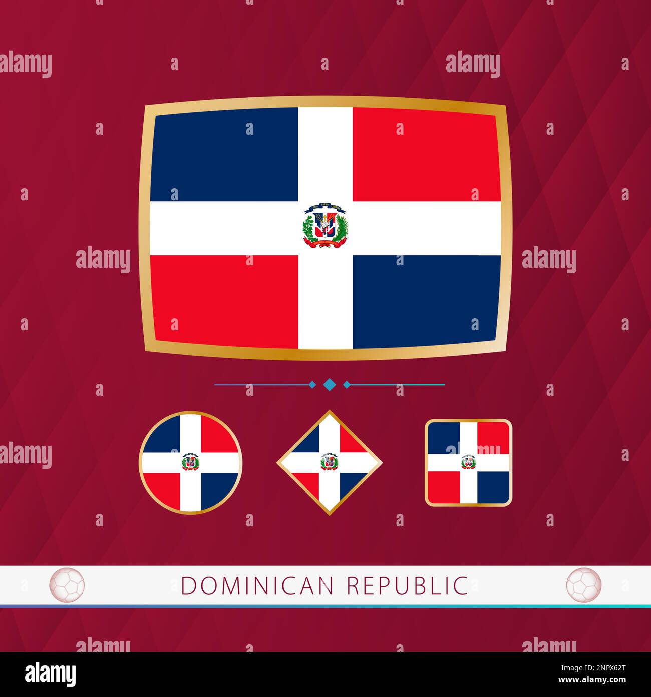 Set of Dominican Republic flags with gold frame for use at sporting events on a burgundy