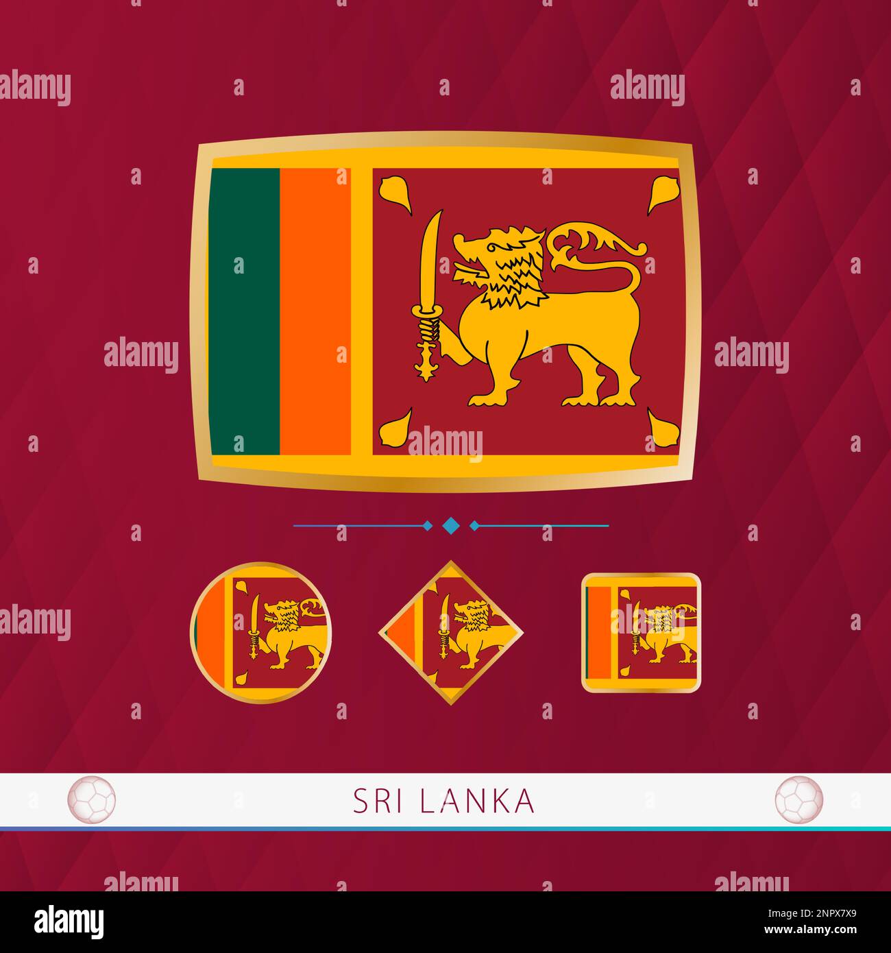 Set of Sri Lanka flags with gold frame for use at sporting events on a burgundy abstract background. Vector collection of flags. Stock Vector