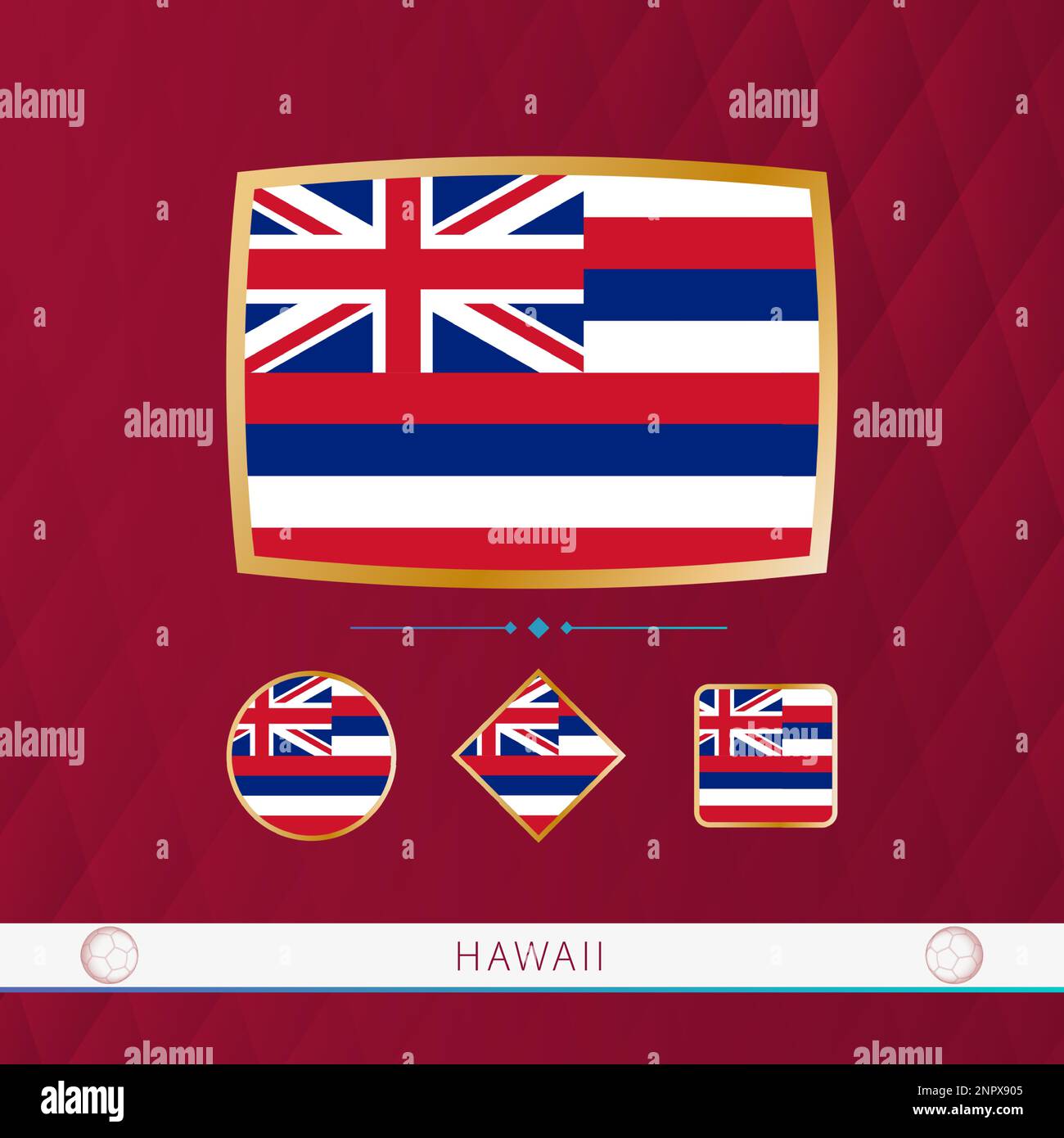 Set of Hawaii flags with gold frame for use at sporting events on a burgundy abstract background