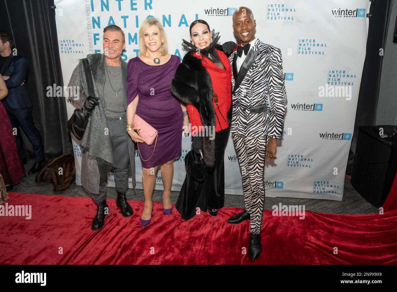 Loris Diran, Sue Phillips, Jose Castelo Branco and Charles Charlii Sebunya attend the Winter Film Awards International Festival and Closing Party at 230 Fifth Rooftop in New York, NY on February 24, 2023. (Photo by David Warren /Sipa? USA) Credit: Sipa USA/Alamy Live News Stock Photo