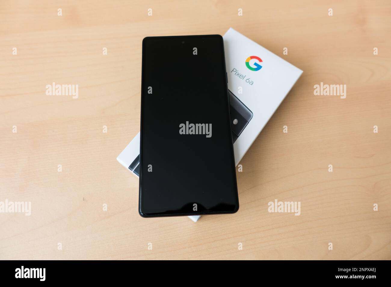 Google pixel 6a phone and box Stock Photo