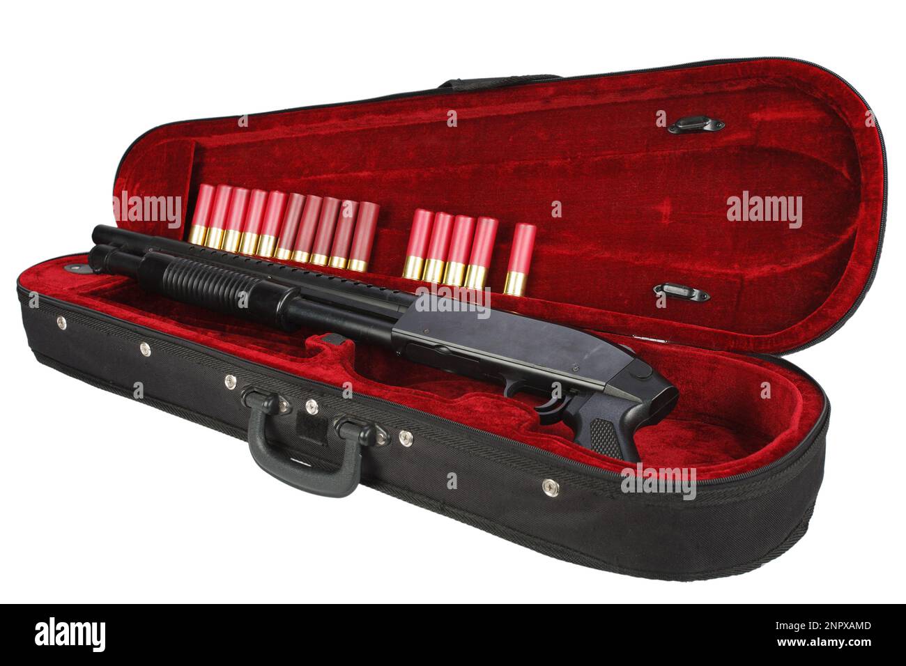 crime fiction shotgun with cartridges in violin case isolated on