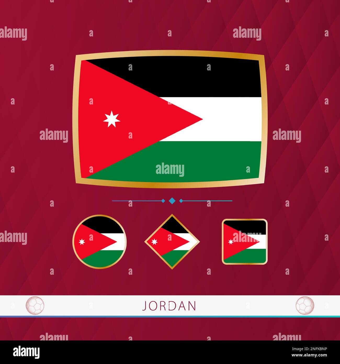 Set of Jordan flags with gold frame for use at sporting events on a