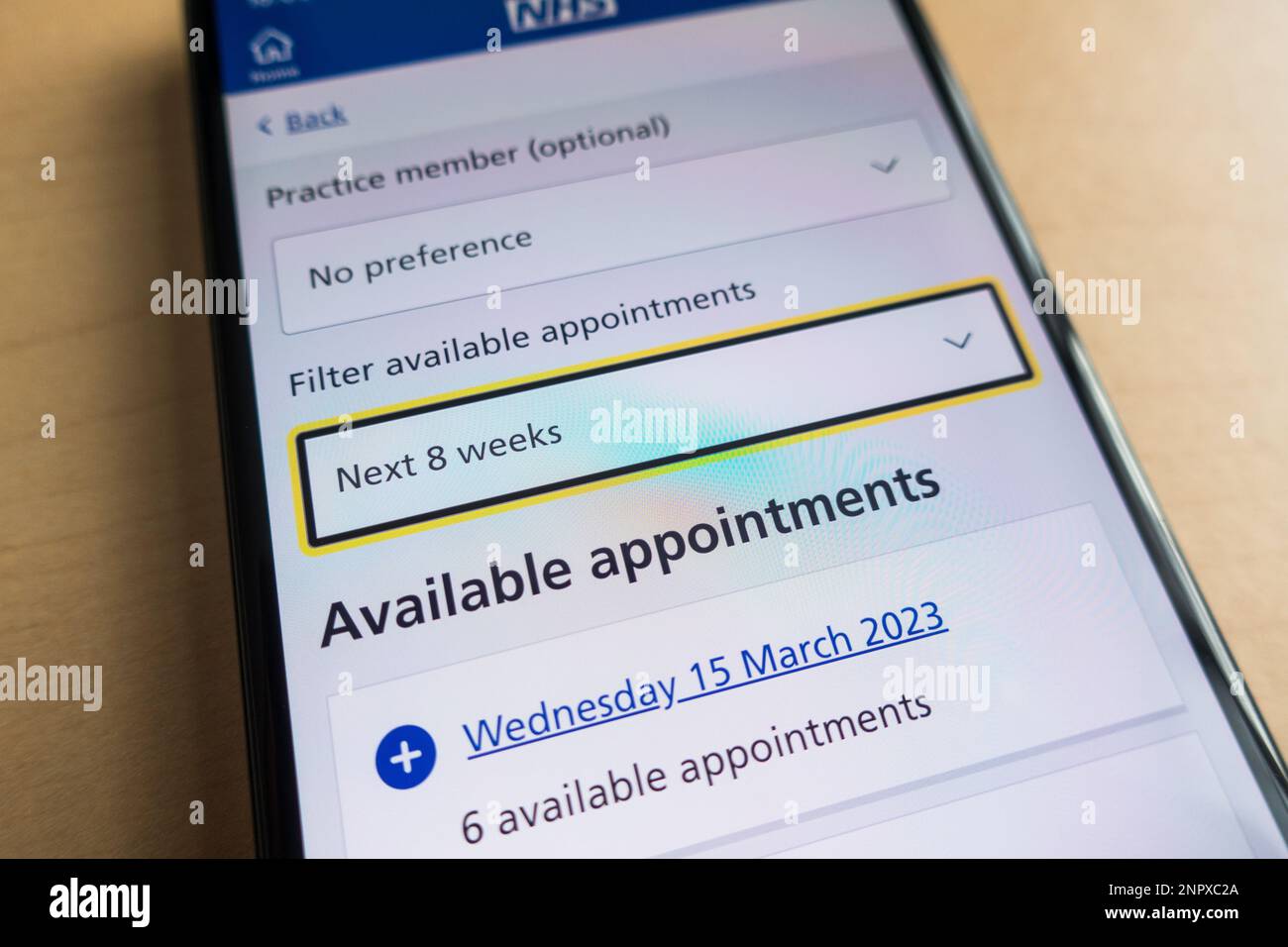 NHS app showing appointments available with GP when selected next 8 weeks Stock Photo