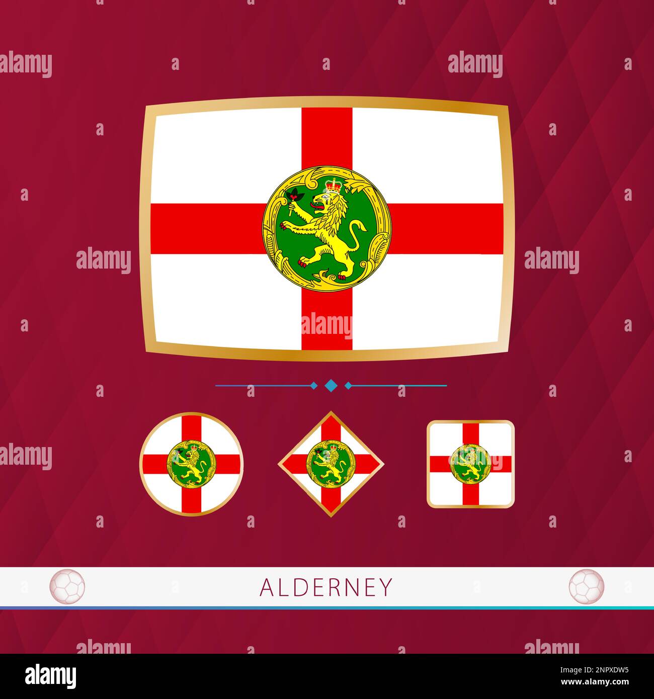 Set of Alderney flags with gold frame for use at sporting events on a