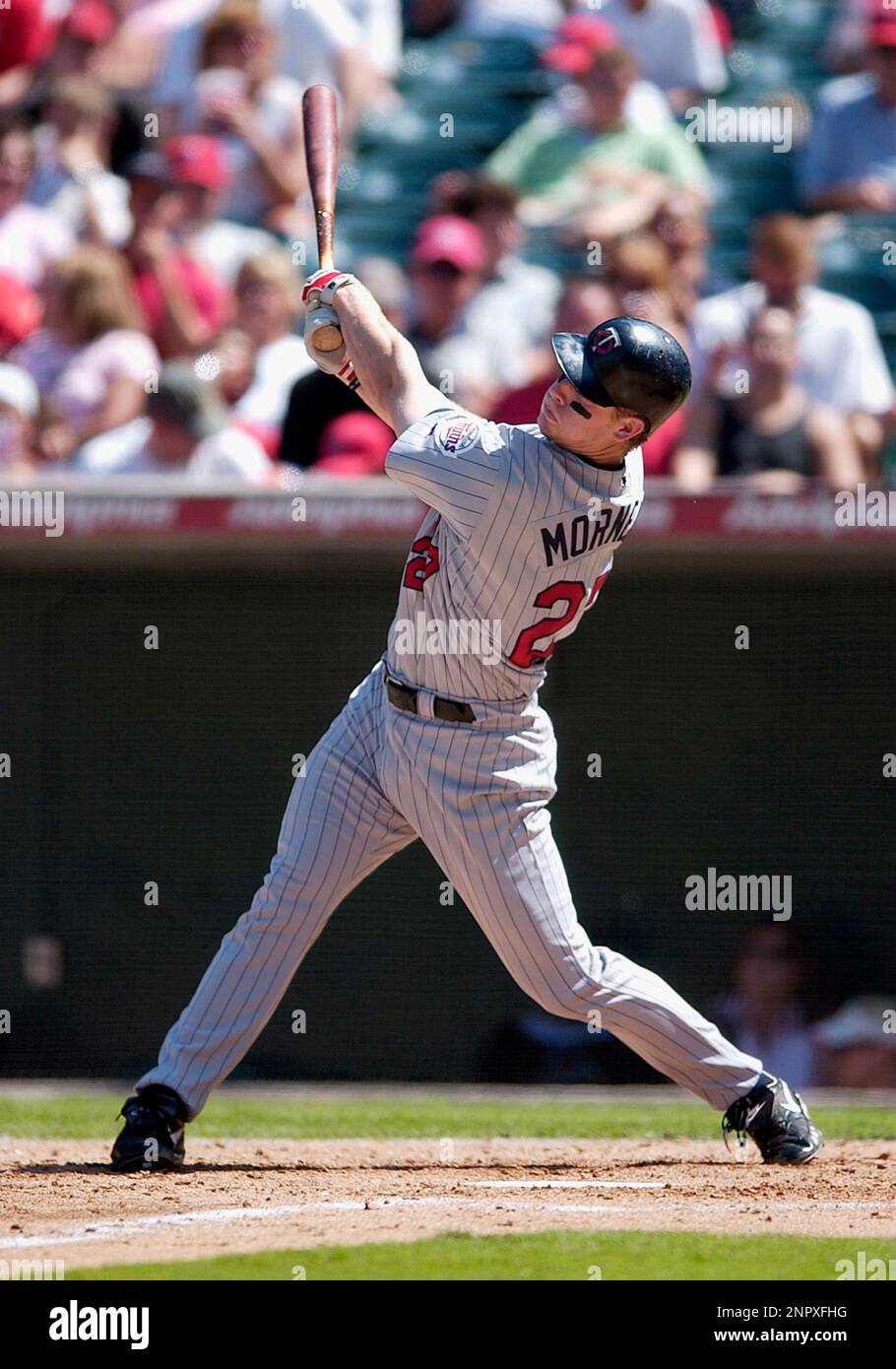 29 Aug. 2004: Minnesota Twins infielder Justin Morneau (27) during an at  bat in a game against the Anaheim Angels played on August 29, 2004 at Angel  Stadium of Anaheim in Anaheim