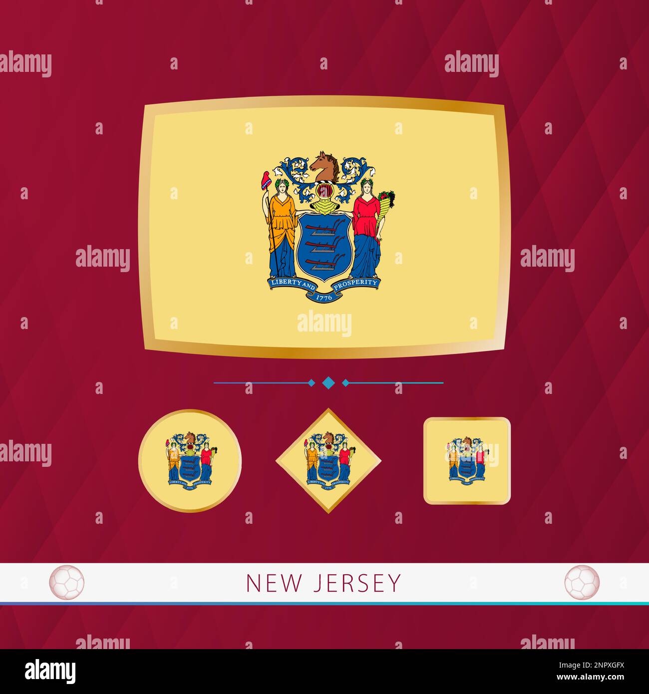 Set of New Jersey flags with gold frame for use at sporting events on a