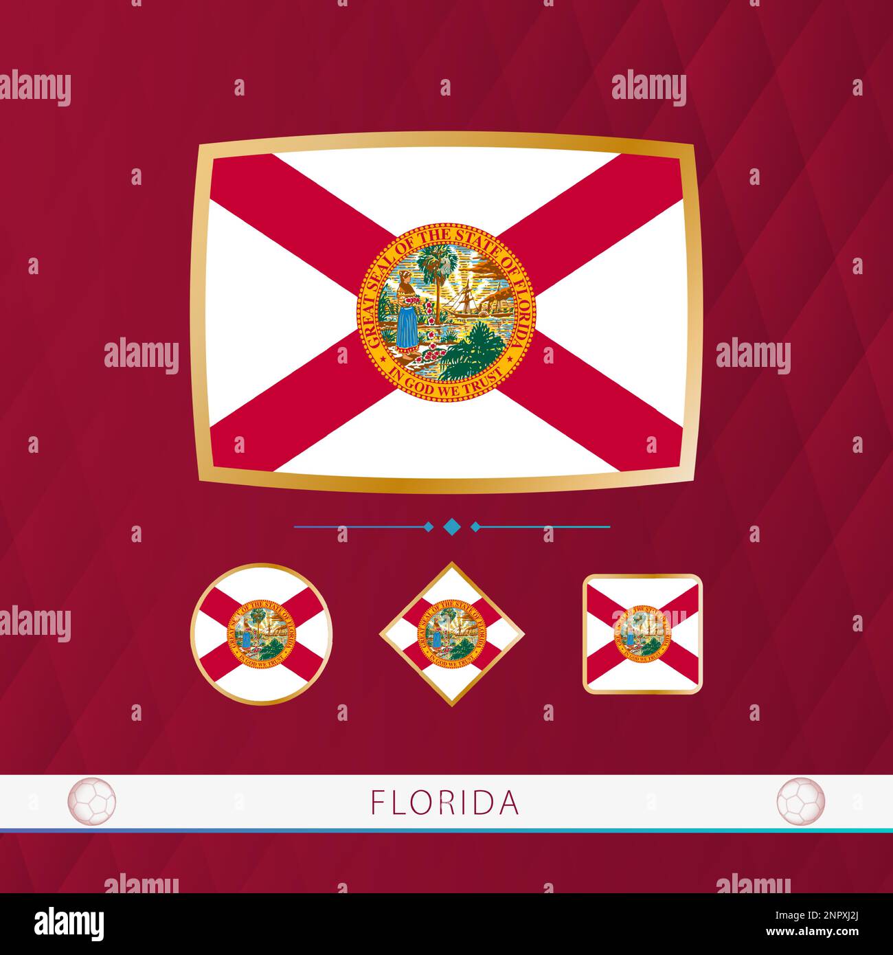 Set Of Florida Flags With Gold Frame For Use At Sporting Events On A Burgundy Abstract 0417