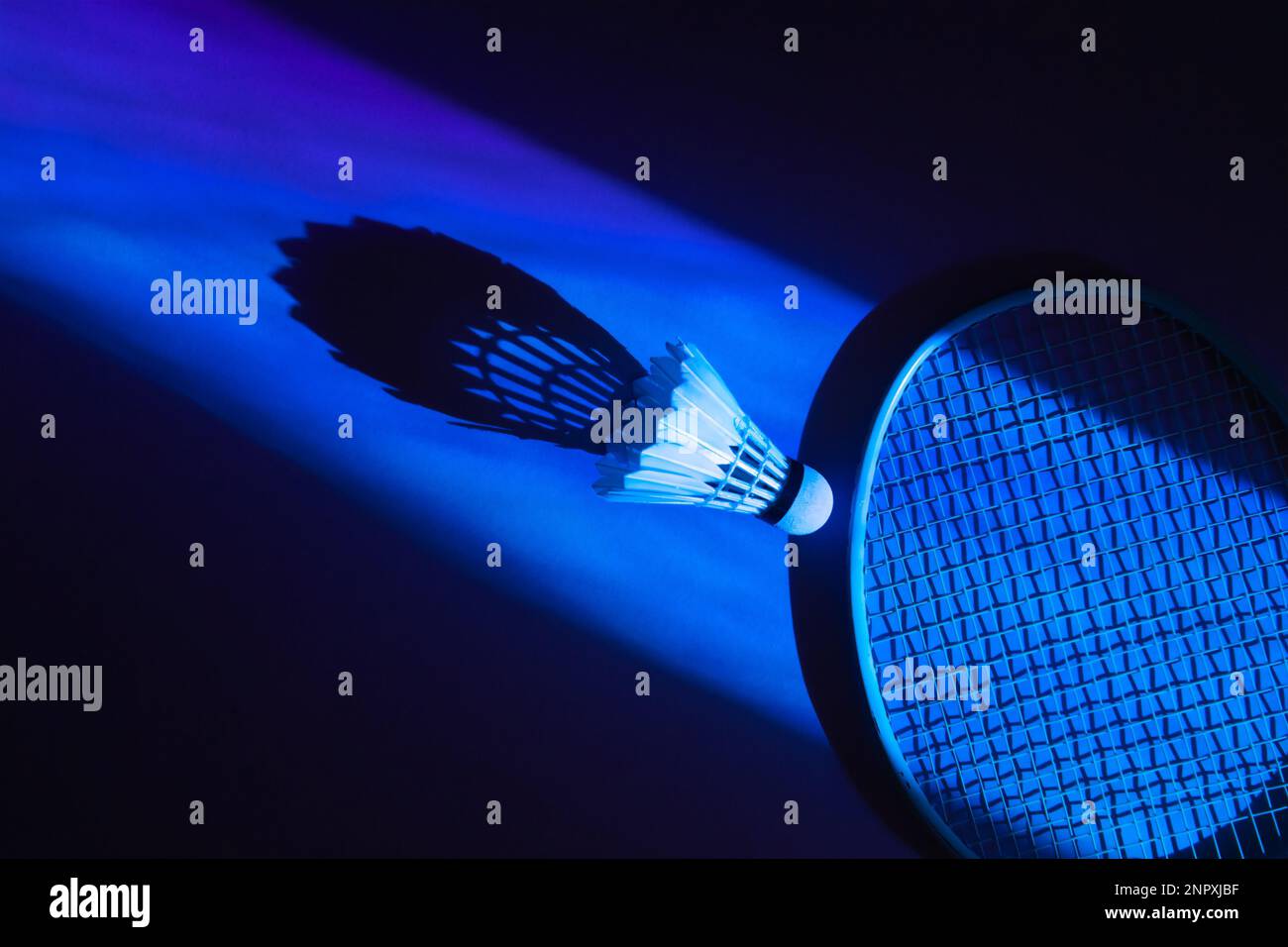 Badminton racket and shuttlecock on blue background. Horizontal sport ...