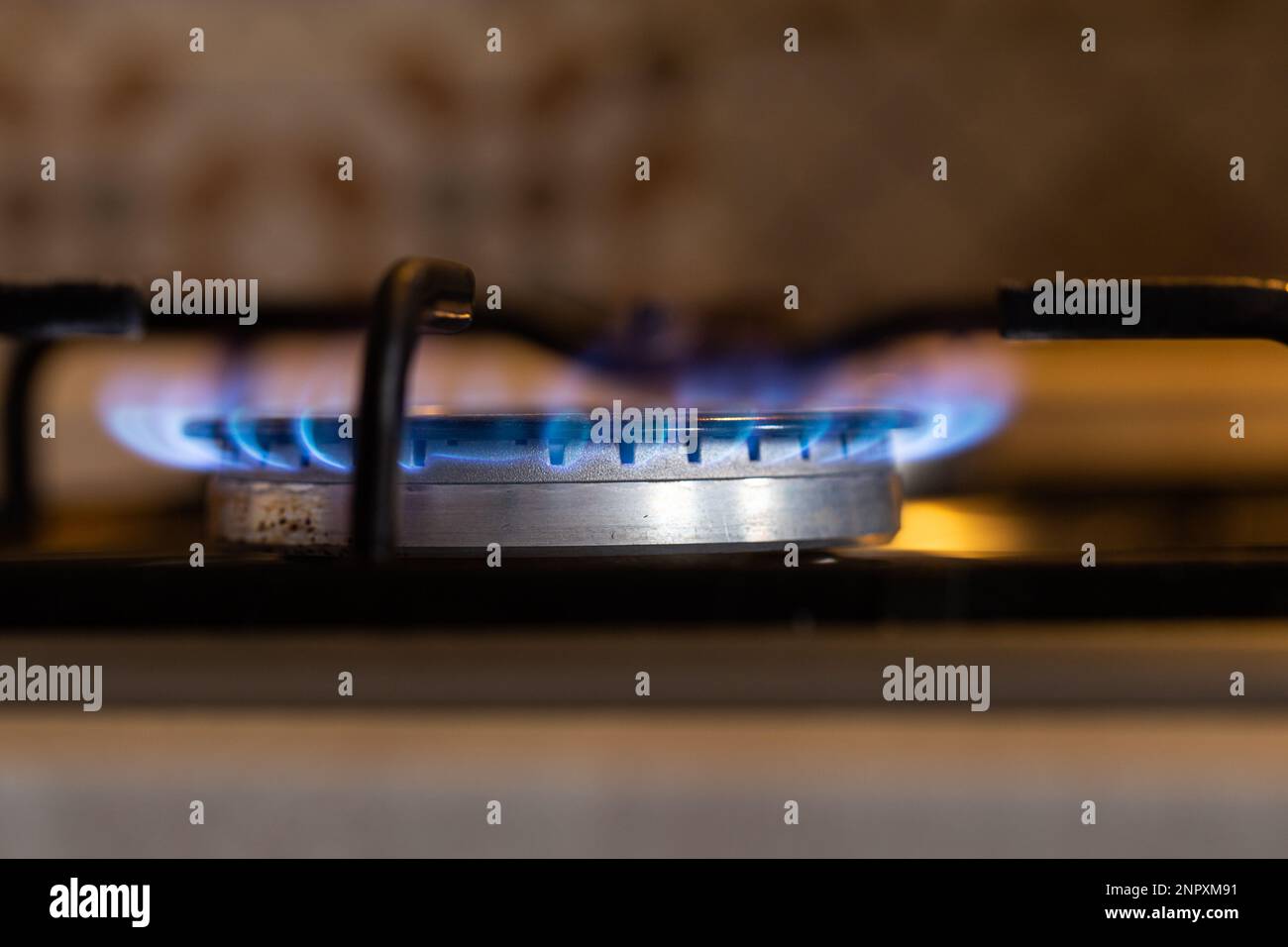 Close-up of Gas Stove on Fire Stock Photo