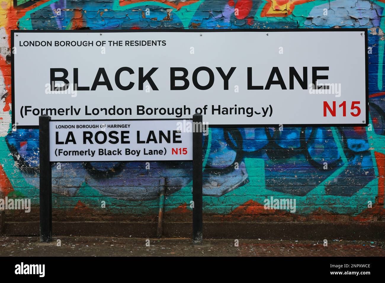 London, UK. 26 Jan 2023. Residents put up a large Black Boy Lane street sign in protest after