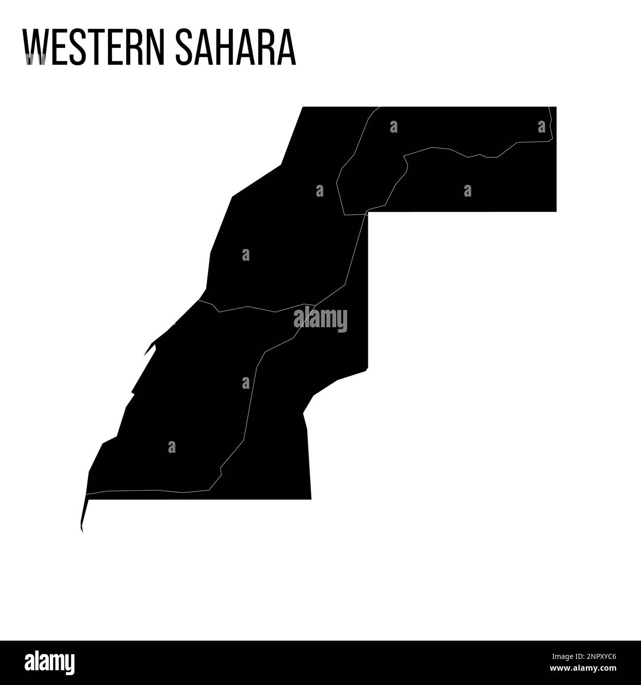 Western map of land divided between Morocco and Sahrawi Arab Democratic Republic by Moroccan Western Sahara Wall. Blank black map and country name title. Stock Vector