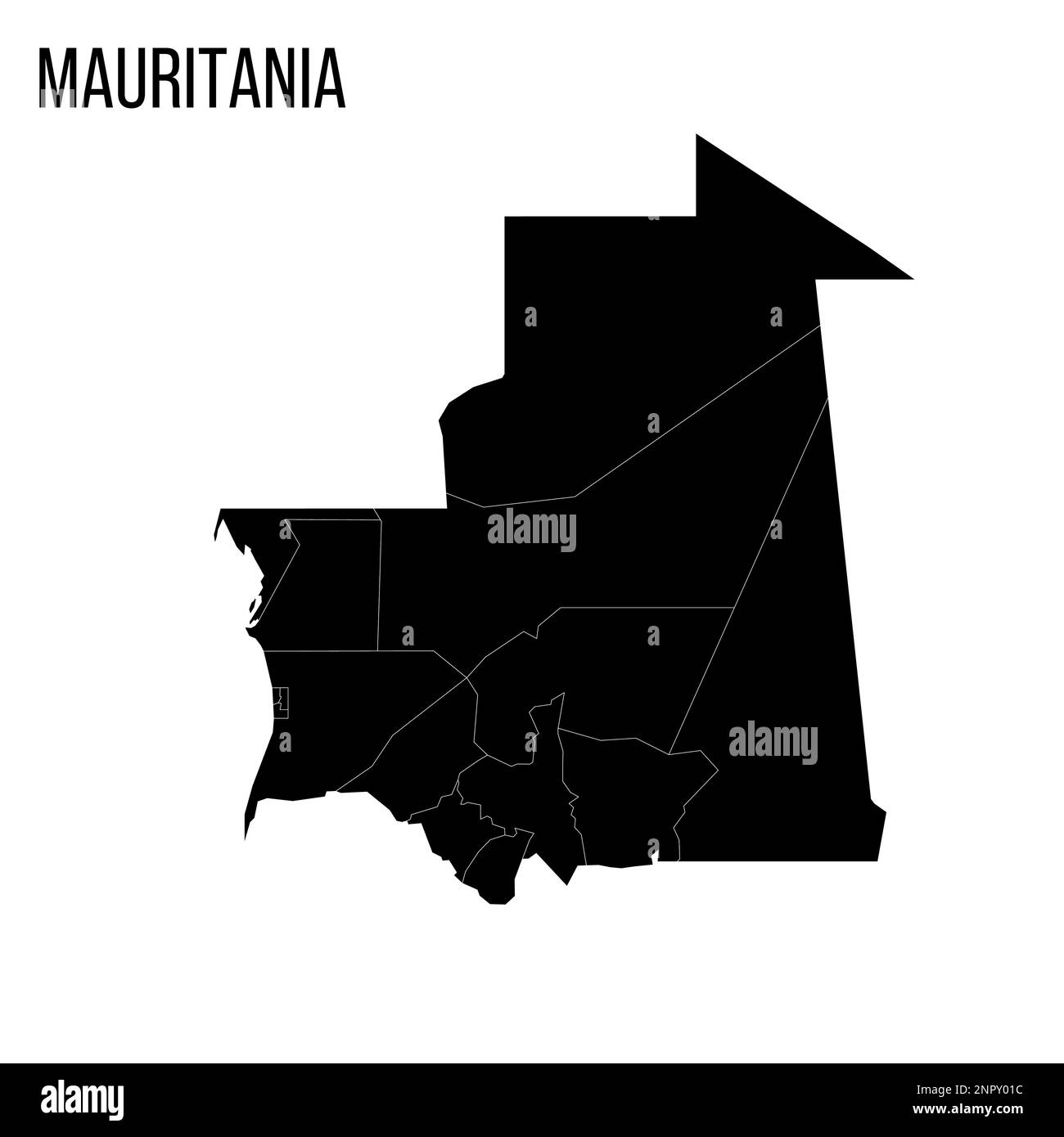 Mauritania political map of administrative divisions - regions and Nouakchott departments. Blank black map and country name title. Stock Vector