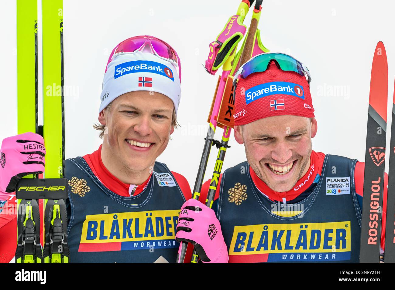 Winners Johannes Hoesflot Klaebo and Paal Golberg of Norway celebrate during the Man's Team Sprint Free Race competition at the FIS Nordic World Ski Championships 2023. Stock Photo