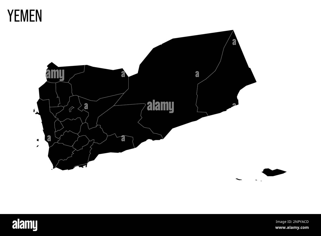 Yemen political map of administrative divisions - governorates and municipality of Sanaa. Blank black map and country name title. Stock Vector