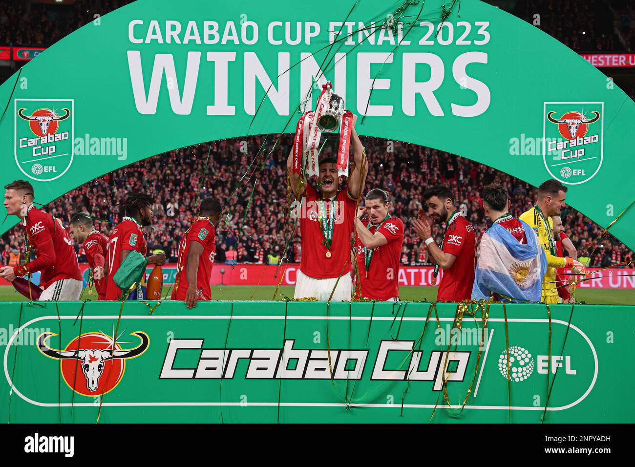 Wembley Stadium, London, UK. 26th Feb, 2023. Carabao League Cup Final Football, Manchester United versus Newcastle United; Harry Maguire of Manchester United lifts the EFL Cup Trophy Credit: Action Plus Sports/Alamy Live News Stock Photo