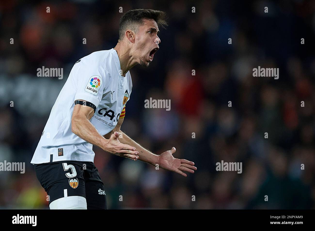Gabriel Paulista of Valencia CF  during the La Liga match between Valencia and Real Sociedad played at Mestalla Stadium on February 25 in Valencia, Spain. (Photo by PRESSIN) Stock Photo